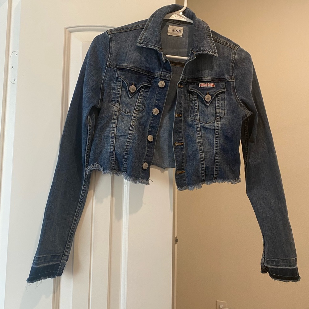 YOUTH Hudson Cropped Frayed Medium Denim Jacket Sz XL